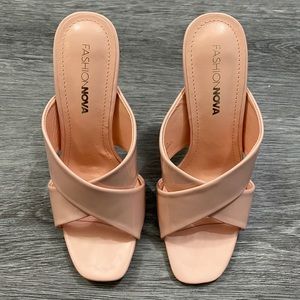 Fashion Nova nude shiny heeled slip on sandals